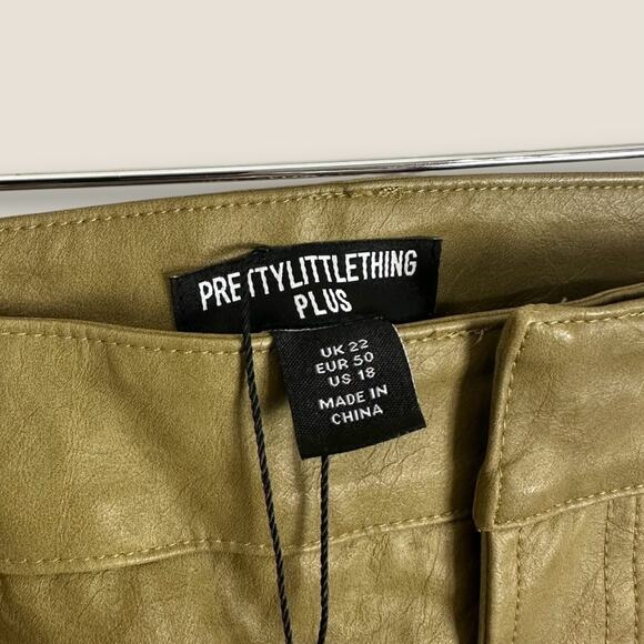 PrettyLittleThing Plus Olive Washed Faux Leather Straight Trousers Size 18 NWT - Picture 7 of 14